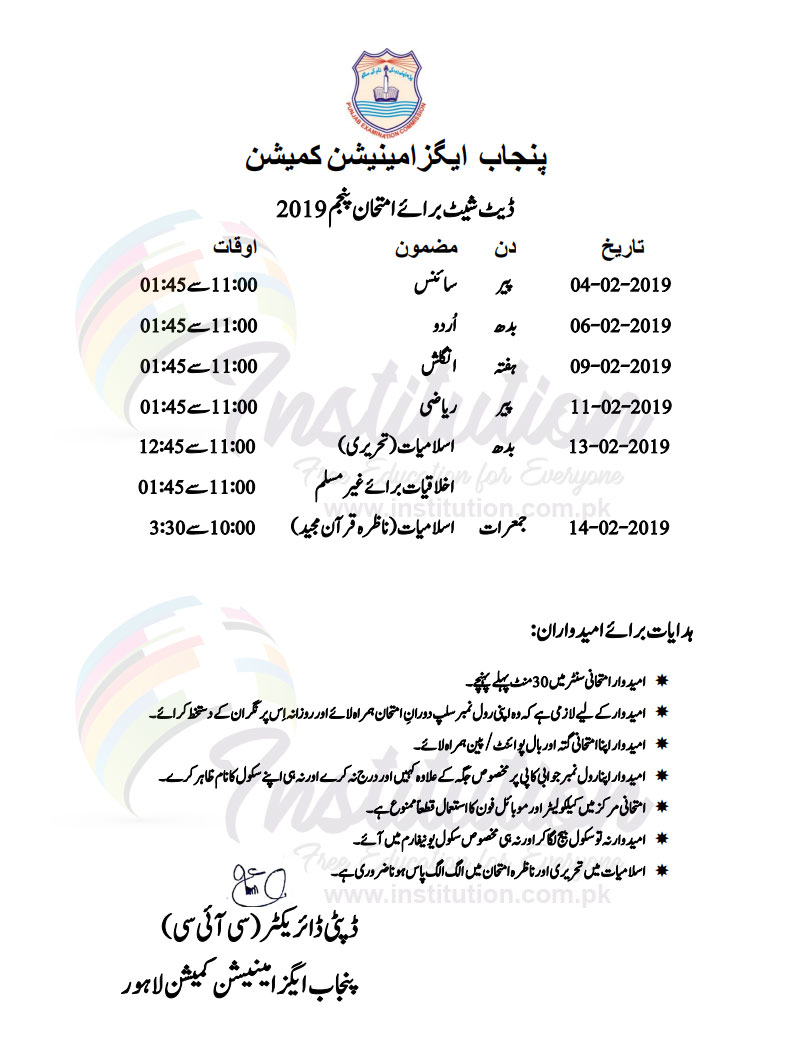 Gujranwala Board 5th Class Date Sheet 2024