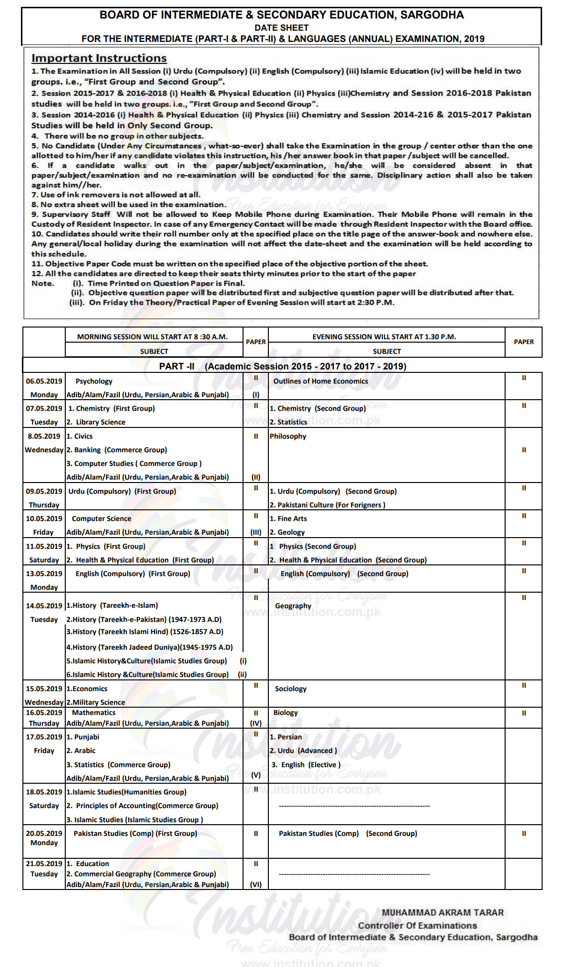 BISE Sargodha Board 10th Class Date Sheet 2024