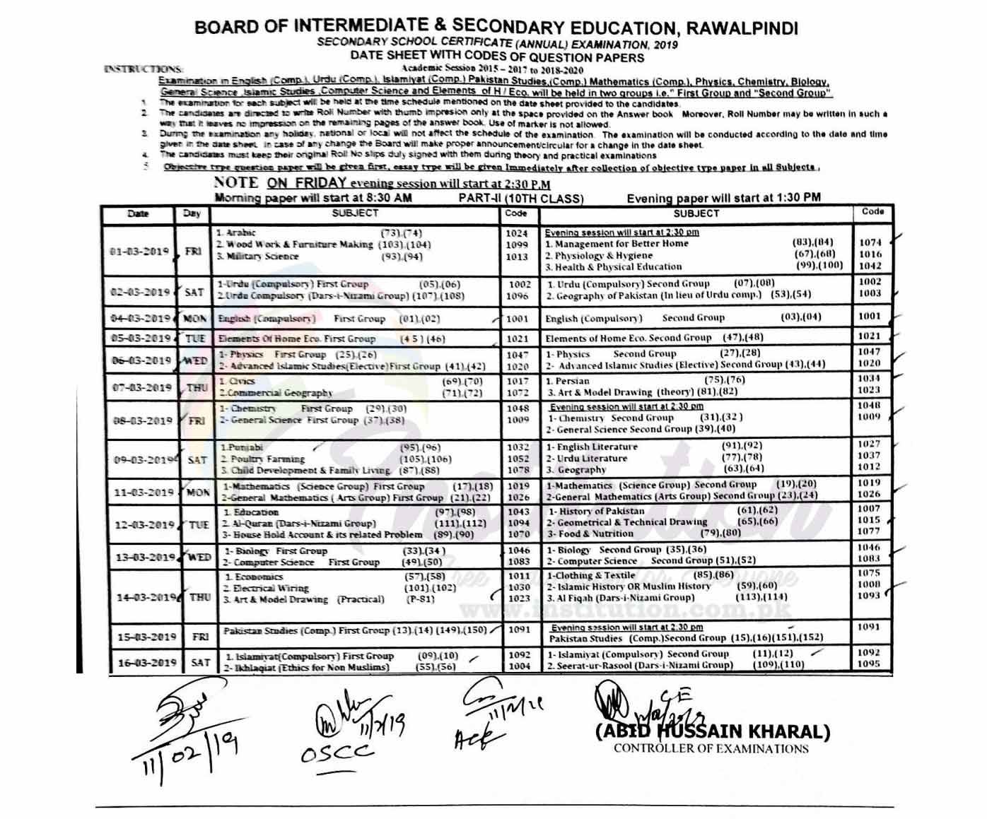 BISE Rawalpindi Board 10th Class Date Sheet 2024
